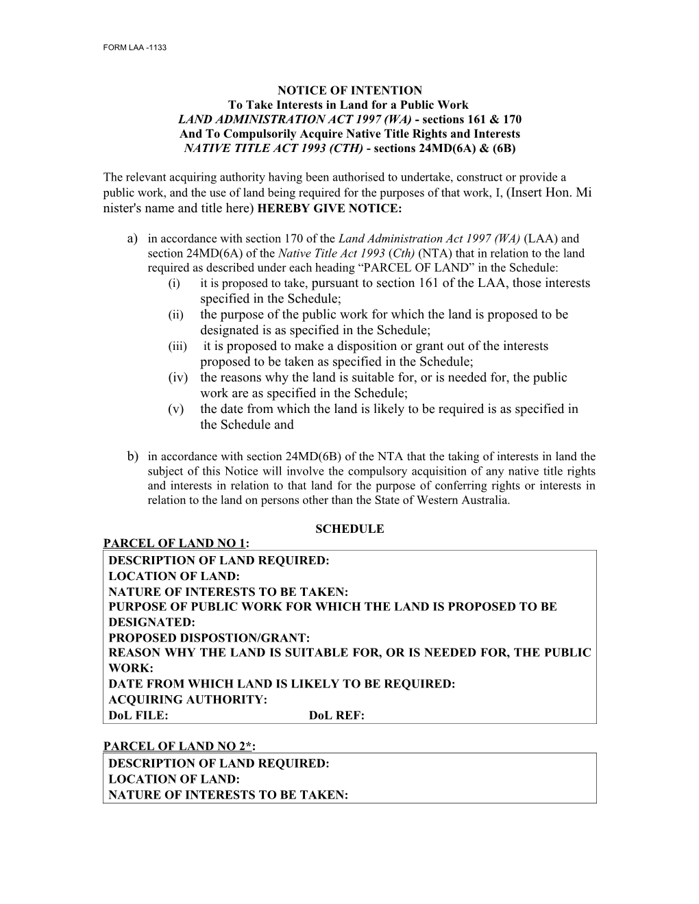 LAA Form 1133 Notice of Intention to Take Interests in Land for a Public Work and To
