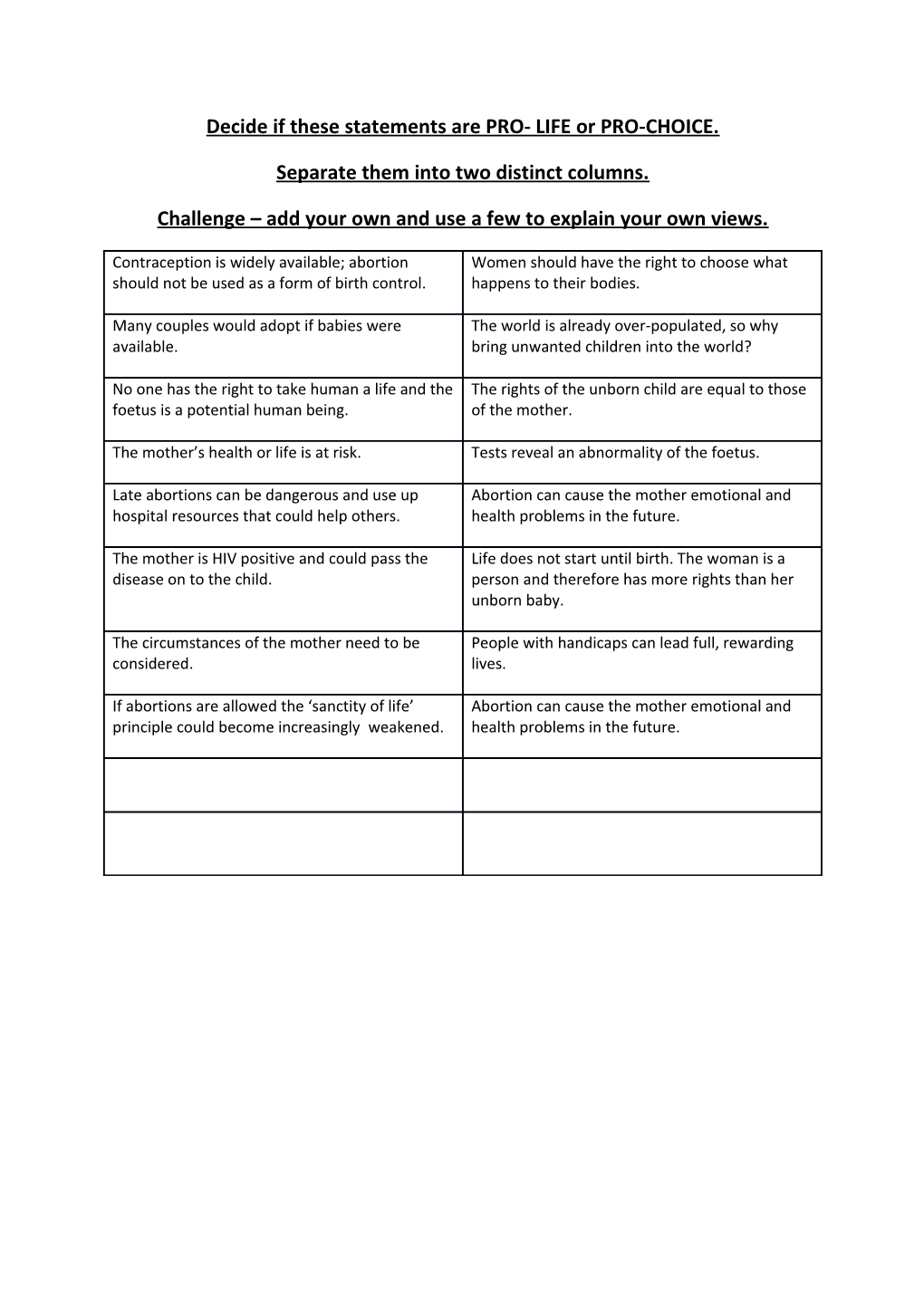 Decide If These Statements Are PRO- LIFE Or PRO-CHOICE