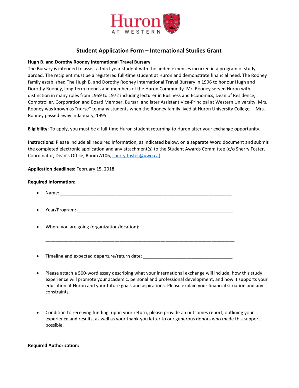 Student Application Form International Studies Grant