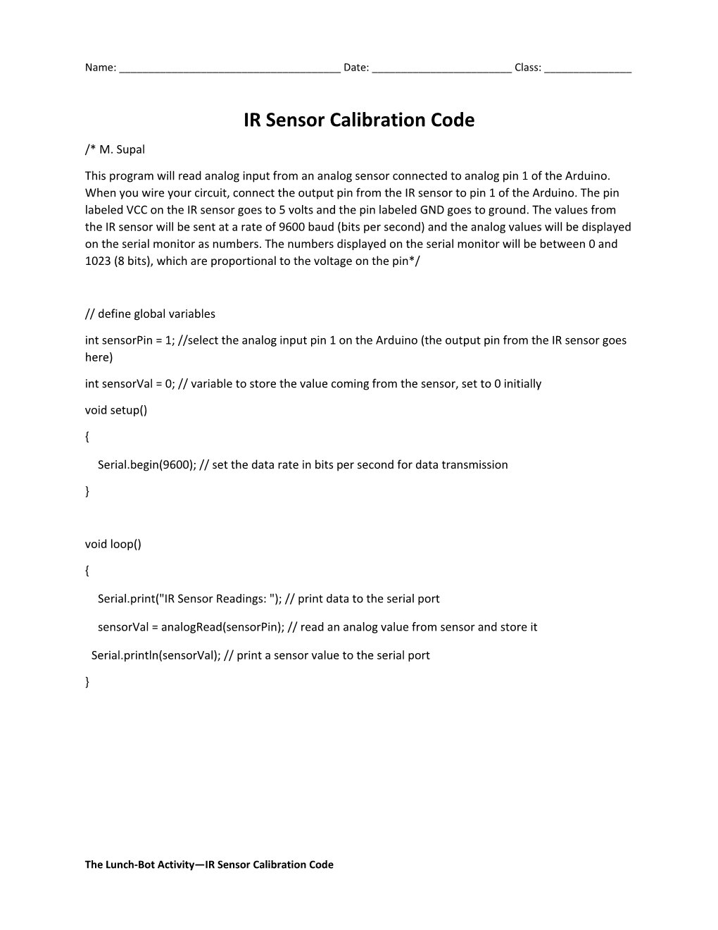 IR Sensor Calibration Code