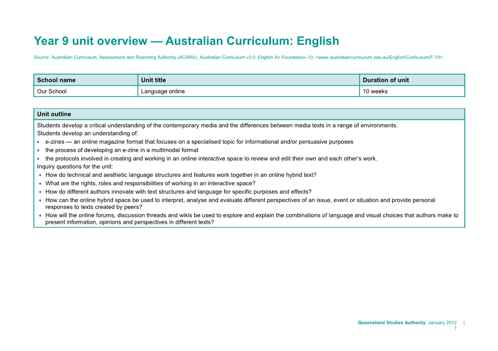 Year 9 Unit Overview Australian Curriculum: English