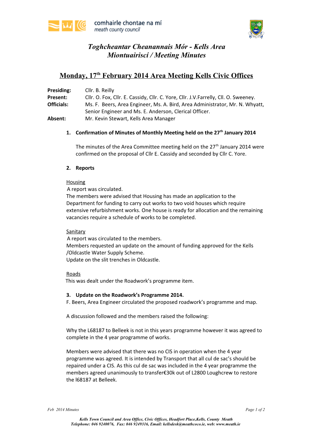 Monday, 17Th February 2014 Area Meeting Kells Civic Offices