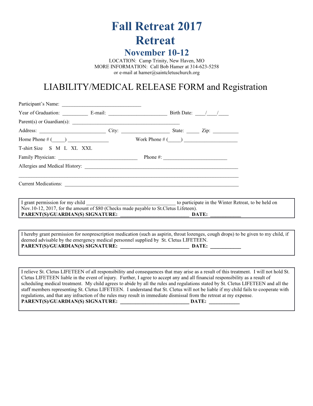 LIABILITY/MEDICAL RELEASE FORM and Registration