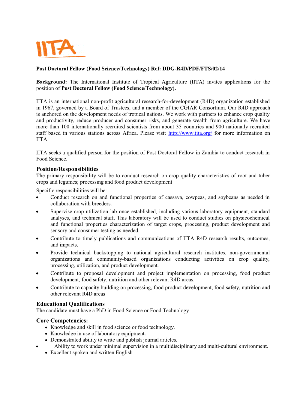 Post Doctoral Fellow (Food Science/Technology) Ref: DDG-R4D/PDF/FTS/02/14