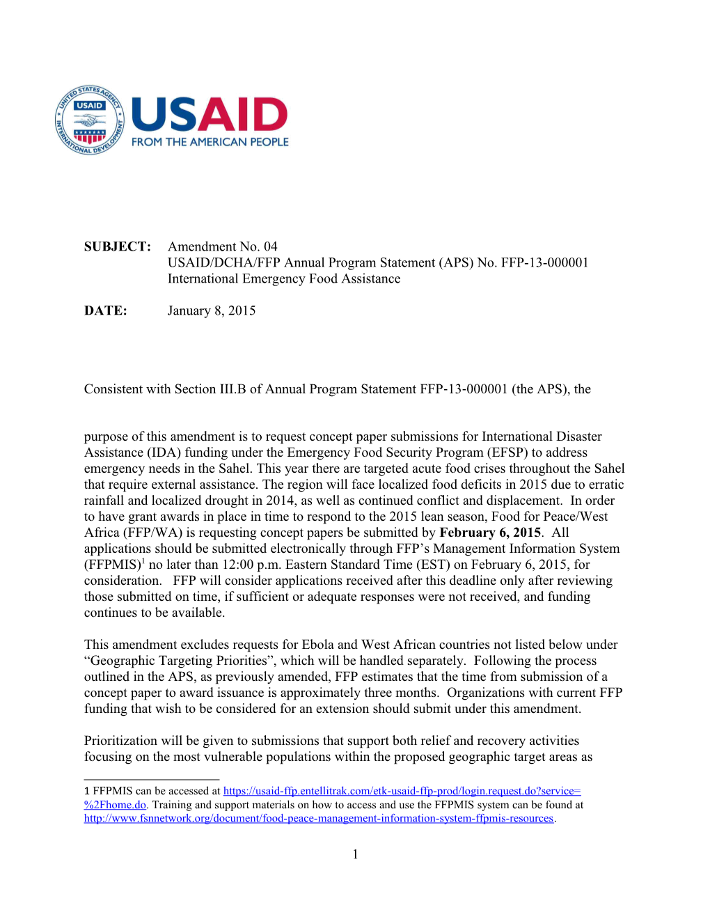 USAID/DCHA/FFP Annual Program Statement (APS) No. FFP-13-000001