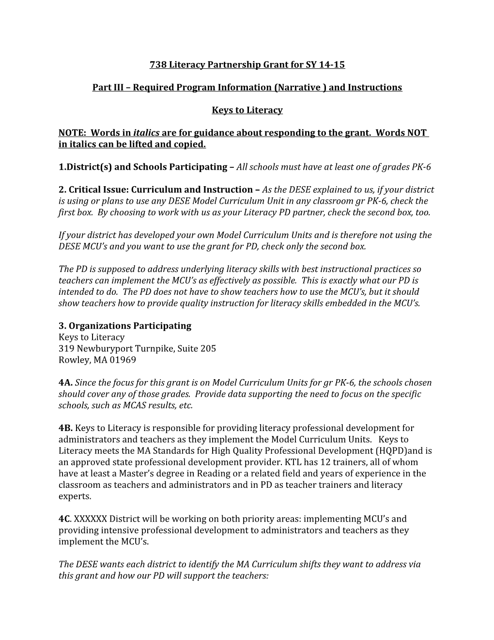 738 Literacy Partnership Grant for SY 14-15