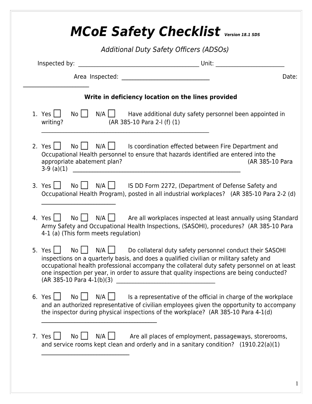 Mcoe Safety Checklistversion 18.1 SDS