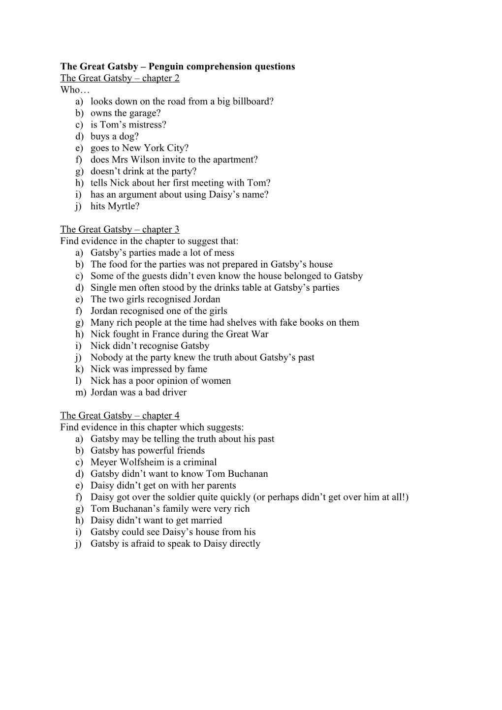The Great Gatsby Penguin Comprehension Questions