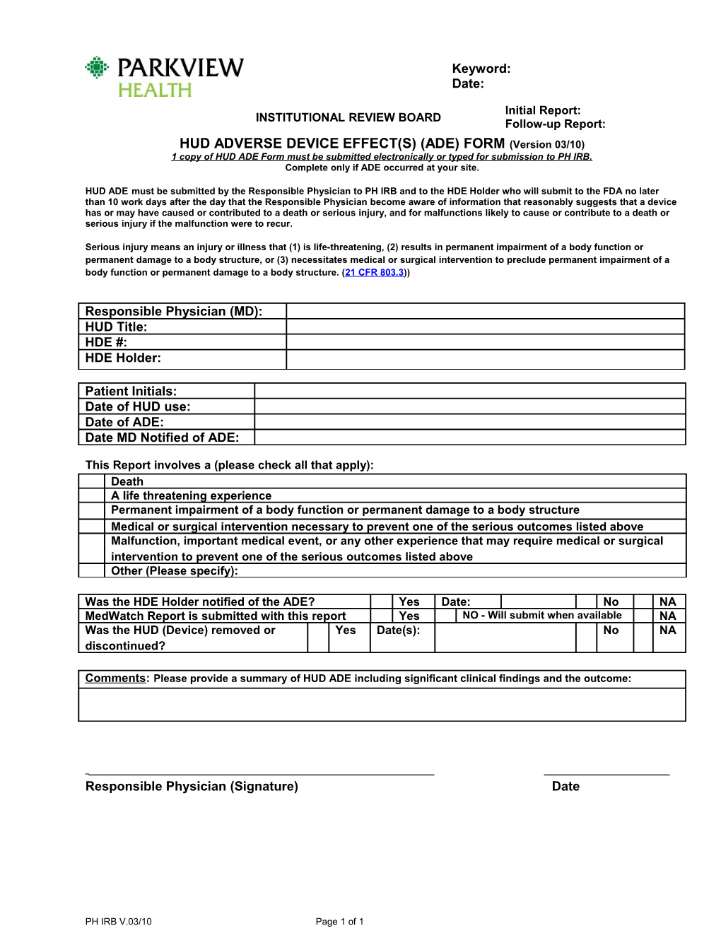 HUD Adverse Device Effects (ADE) Form