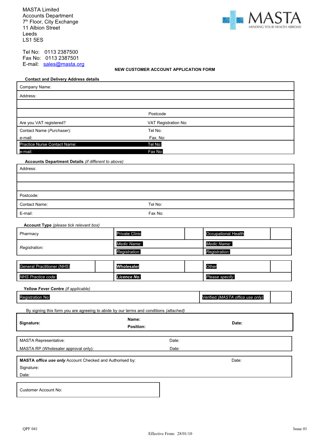 New Customer Account Application Form