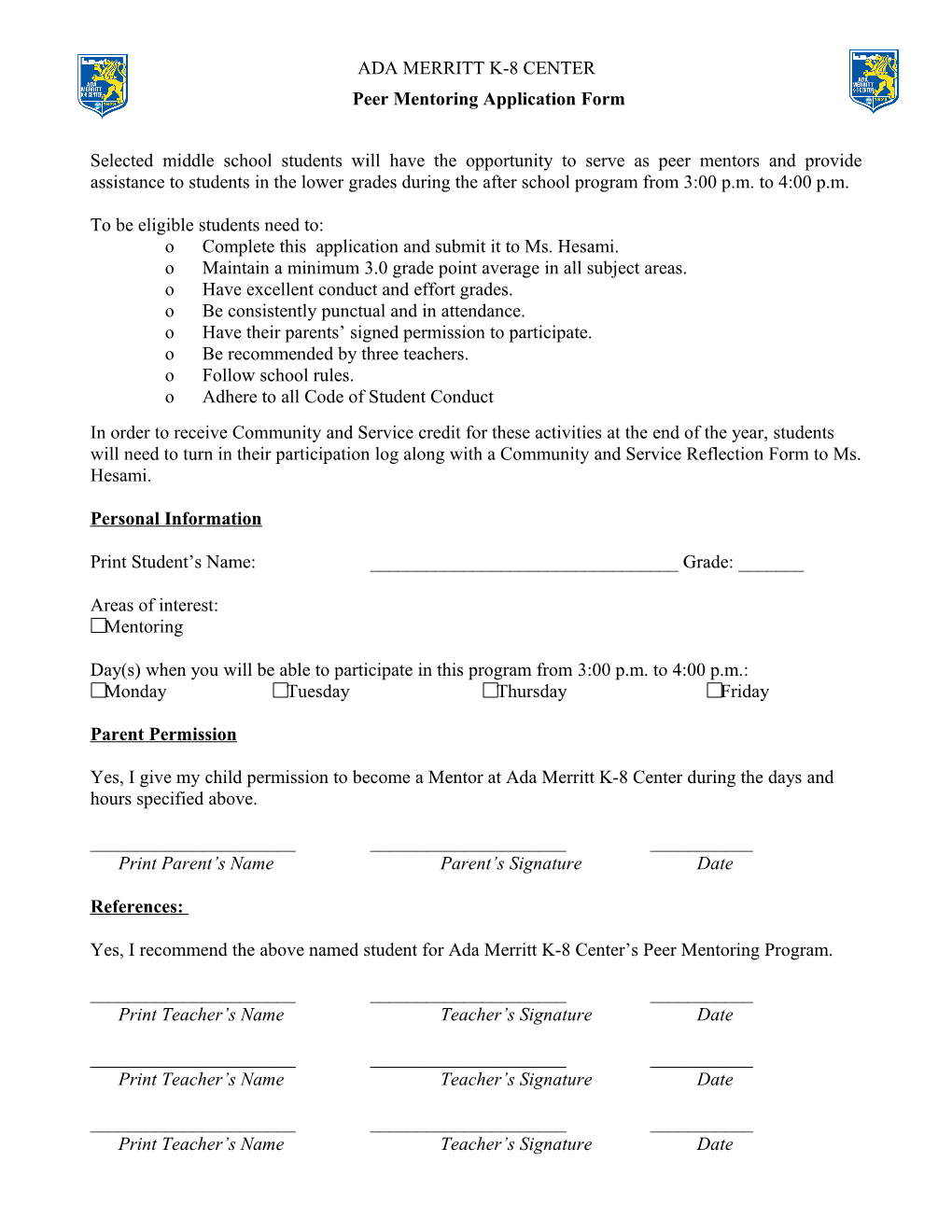 Peer Mentoring Application Form