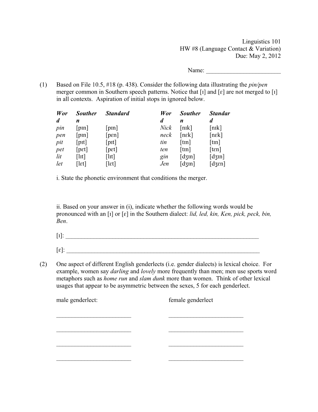 HW #8 (Language Contact & Variation)