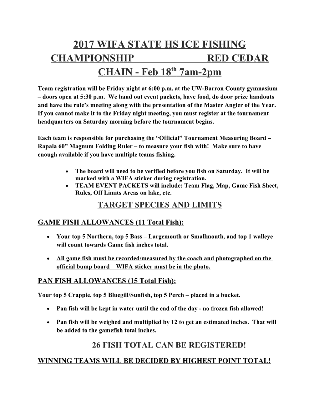 2017 WIFA STATE HS ICE FISHING CHAMPIONSHIP RED CEDAR CHAIN - Feb 18Th 7Am-2Pm