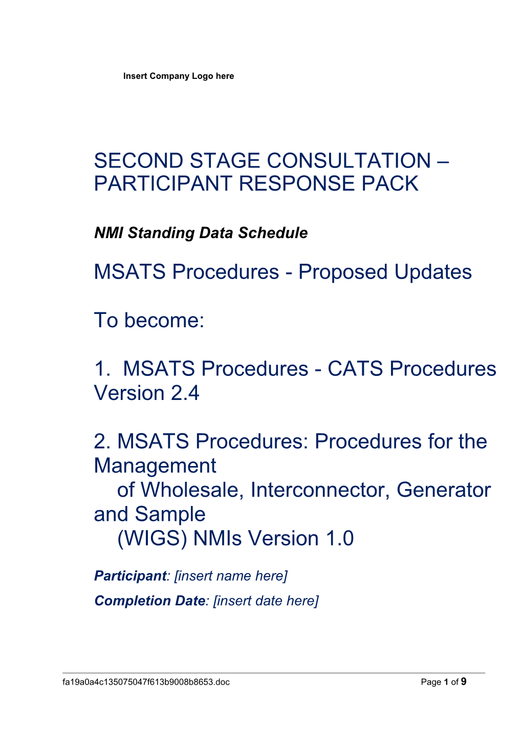 Second Stage Participant Response Pack - NMI Standing Data Schedule