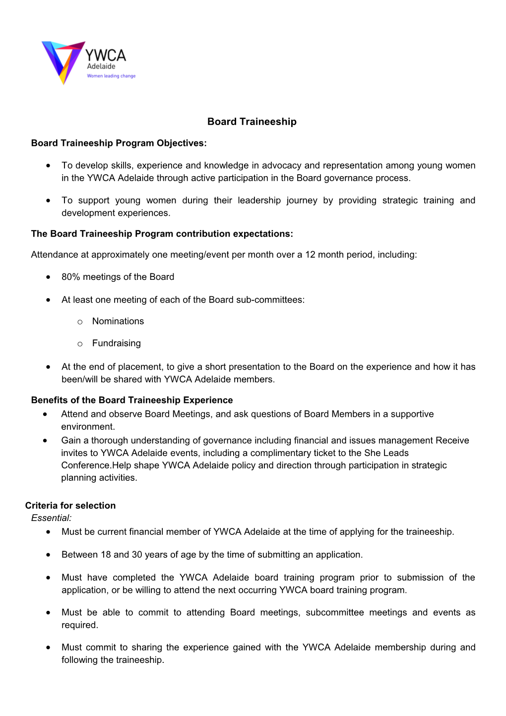 Board Traineeship Program Objectives