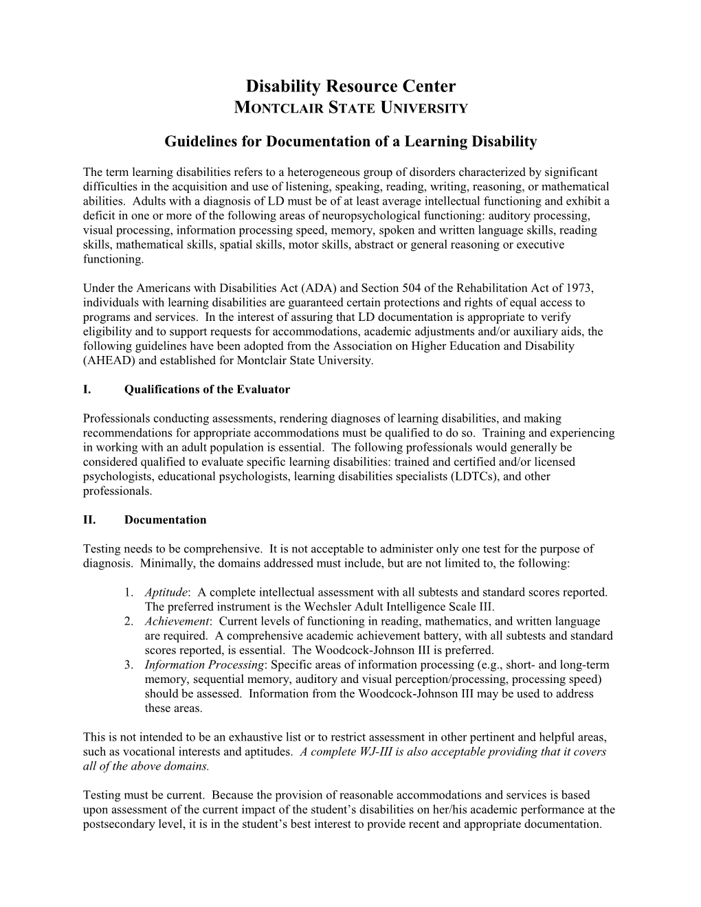 Guidelines for Documentation of a Learning Disability