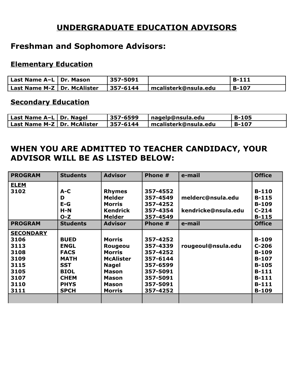 Undergraduate Education Advisors