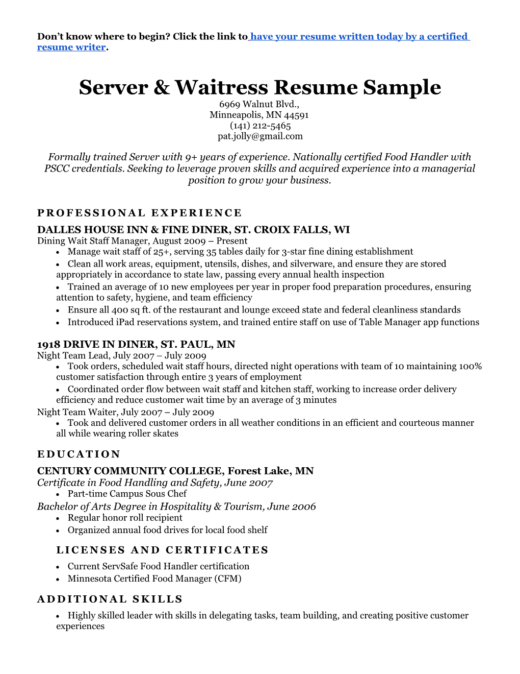 Server & Waitress Resume Sample
