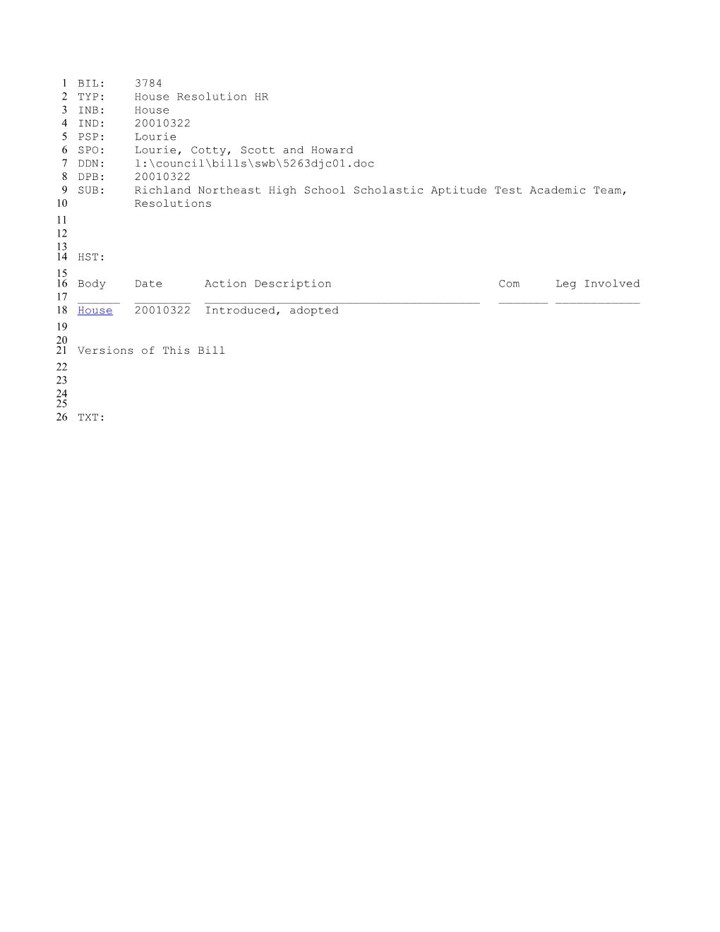 2001-2002 Bill 3784: Richland Northeast High School Scholastic Aptitude Test Academic Team