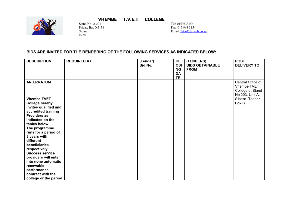 Bids Are Invited for the Rendering of the Following Services As Indicated Below