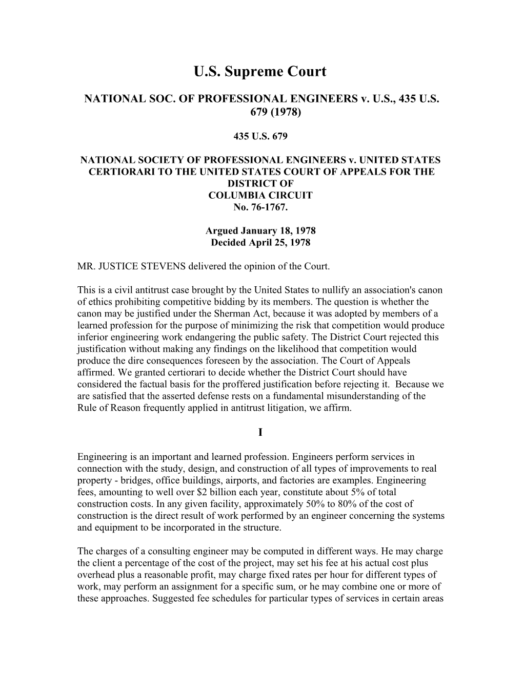NATIONAL SOC. of PROFESSIONAL ENGINEERS V. U.S., 435 U.S. 679 (1978)