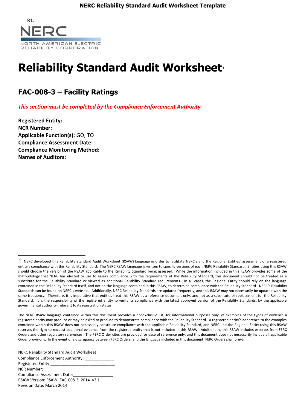 NERC Reliability Standard Audit Worksheet