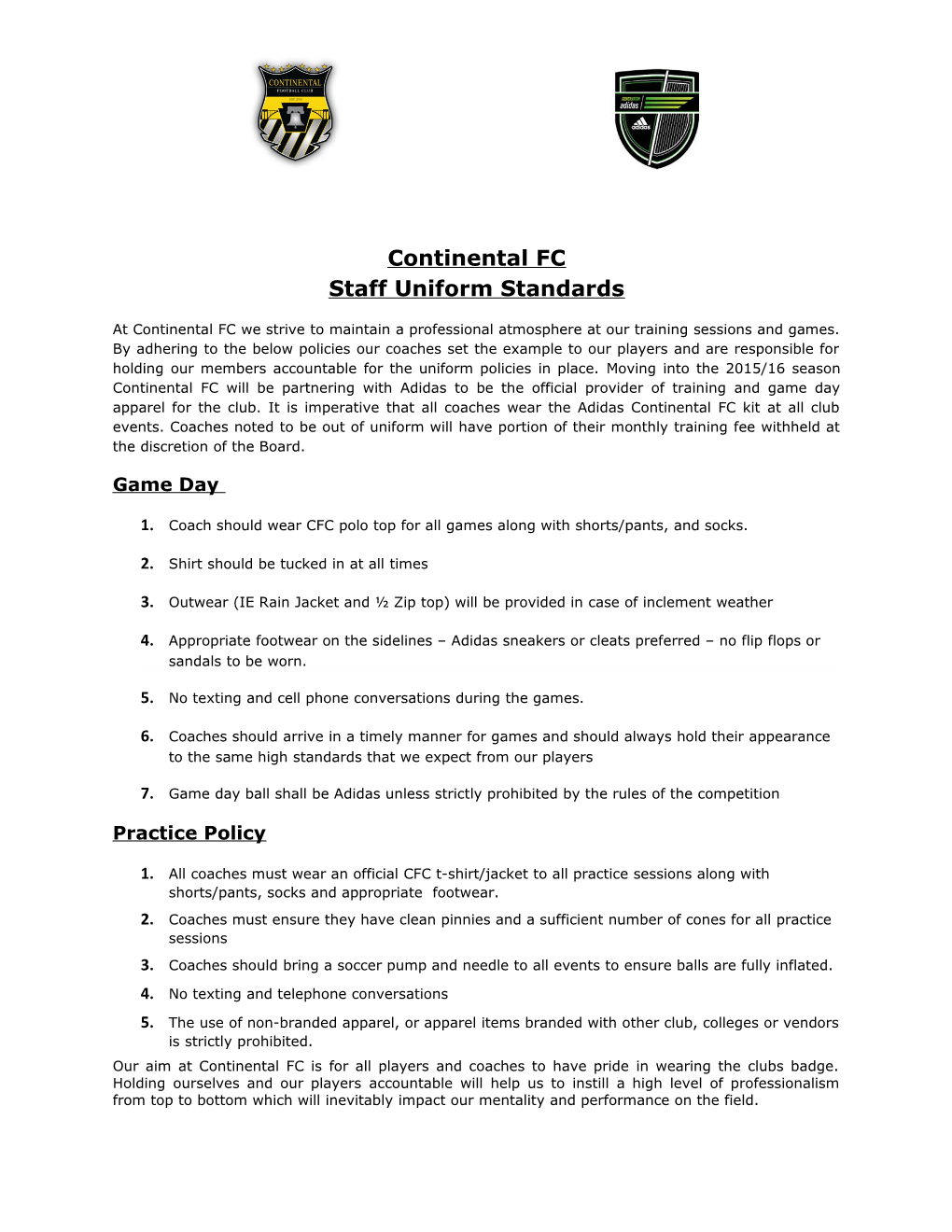 Continental FC Staff Uniform Standards