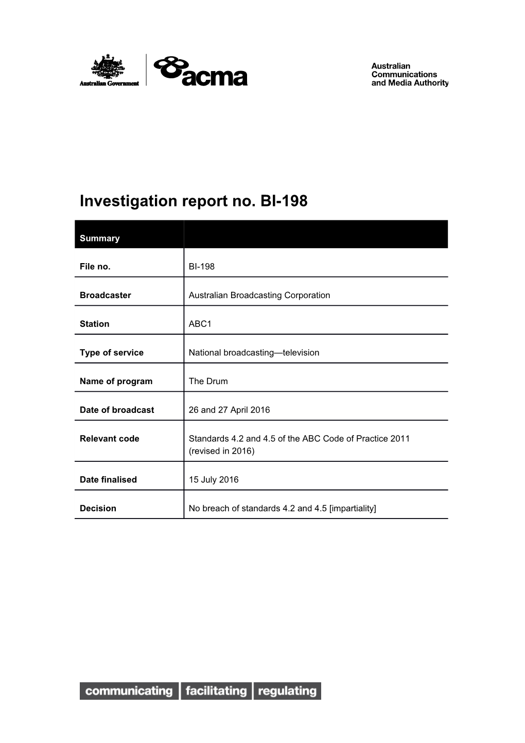 Investigation Report No. BI-198