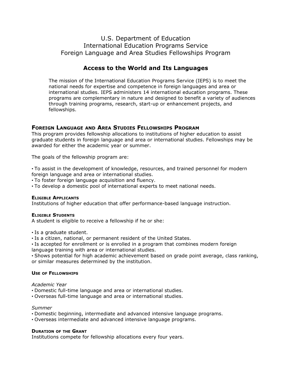 Foreign Language and Area Studies Fellowships Program - Brochure (MS Word)