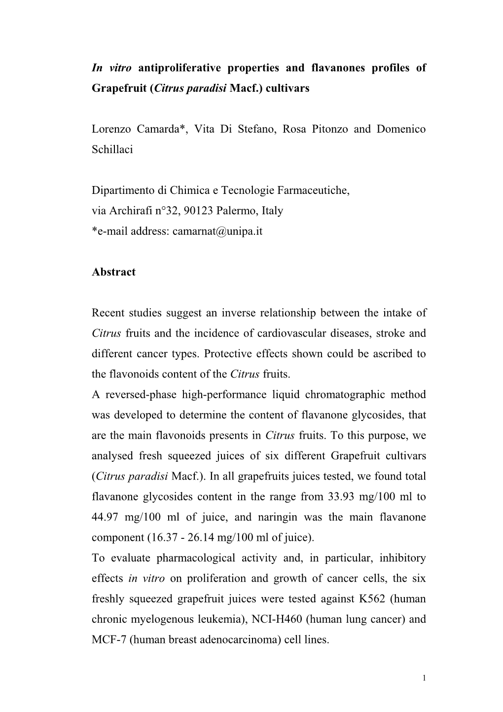 Cytotoxic Properties and Flavonoid Composition of Grapefruit Varietes