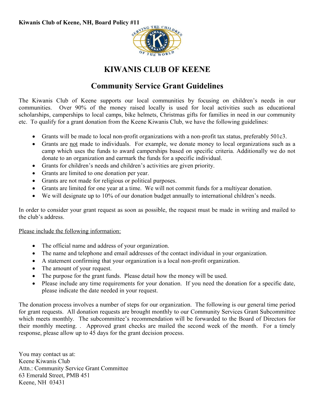 Keene, NH Kiwanis Club Grant Guidelines