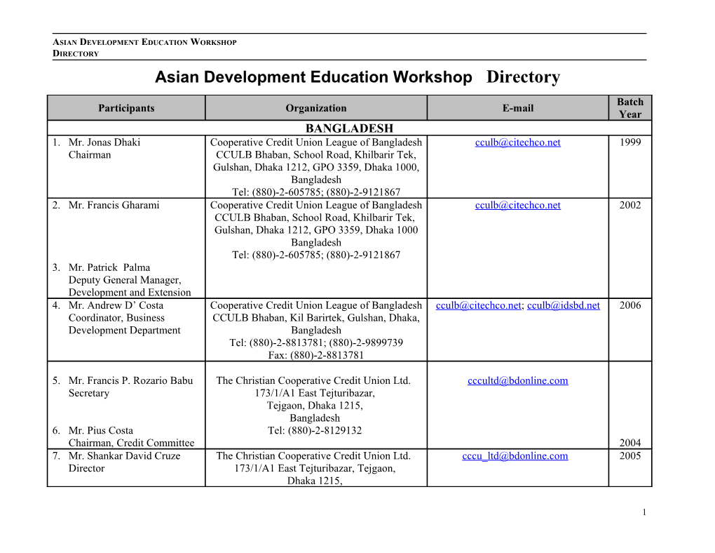 Asian Development Education Workshop Directory