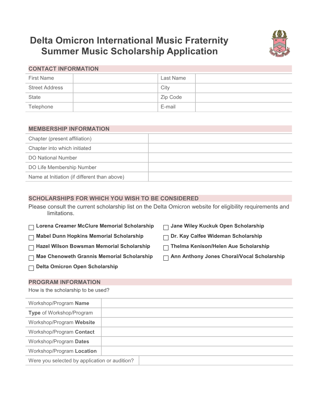 Delta Omicron International Music Fraternity Summer Music Scholarship Application