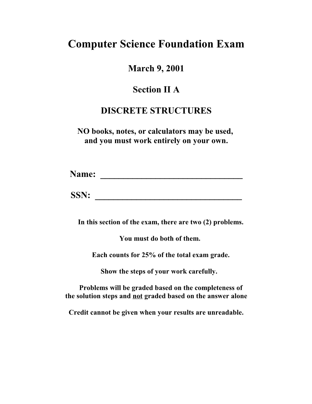 Foundation Exam (Discrete Structures)