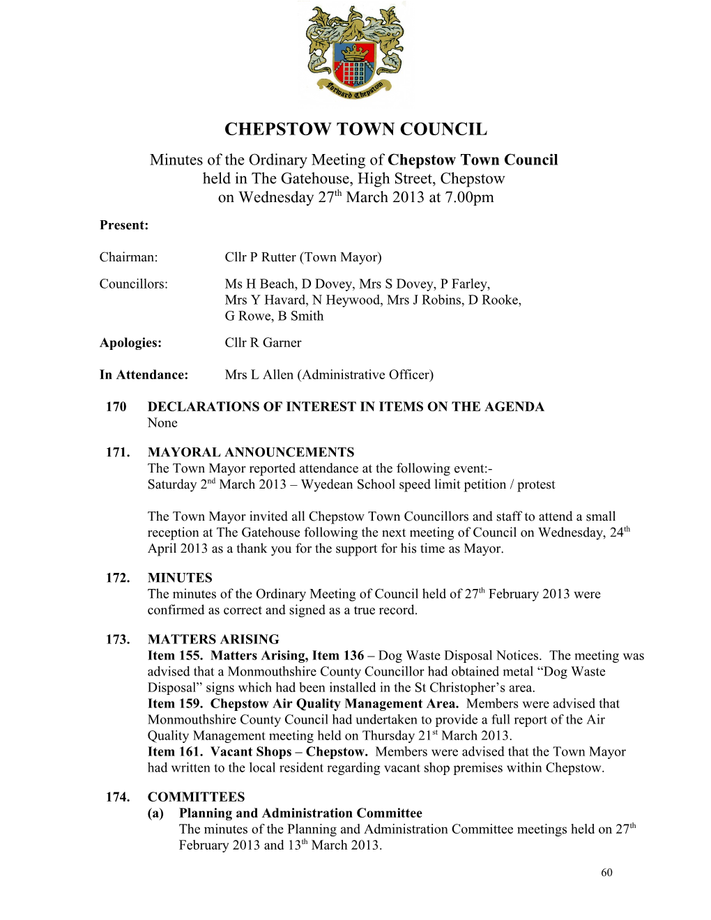 Minutes of the Ordinary Meeting of Chepstow Town Council