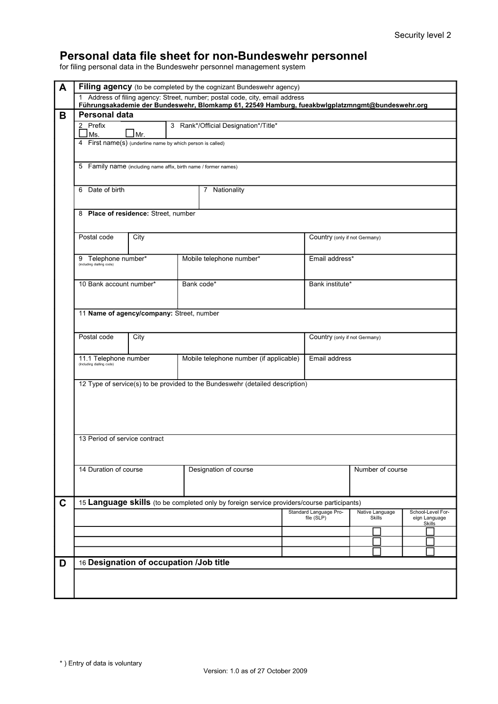 Personal Data File Sheet for Non-Bundeswehr Personnel