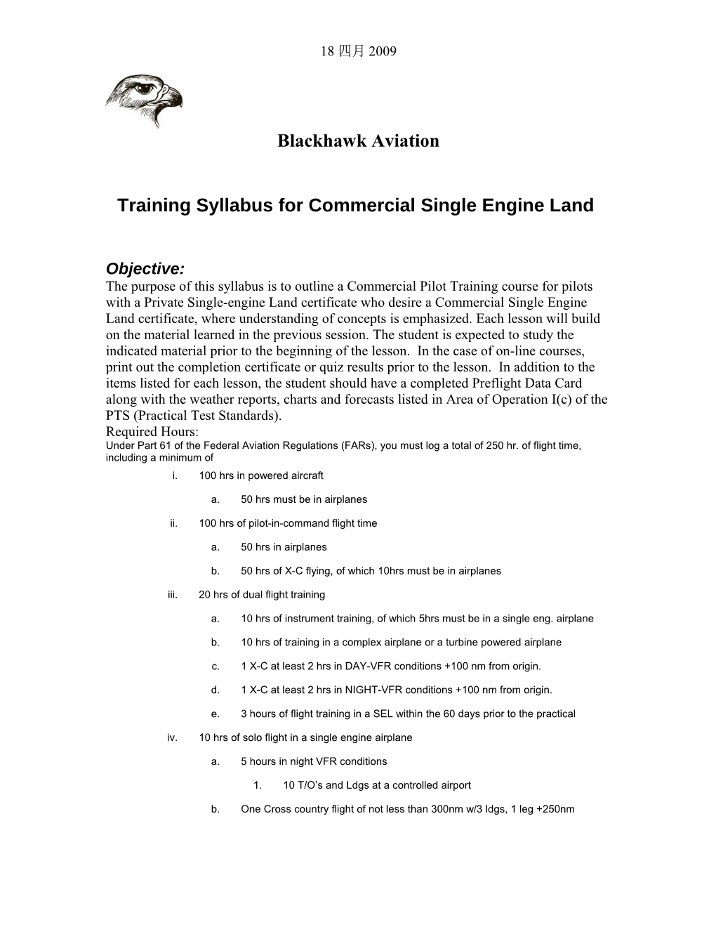 Training Syllabus for Private Single Engine Land Add-On