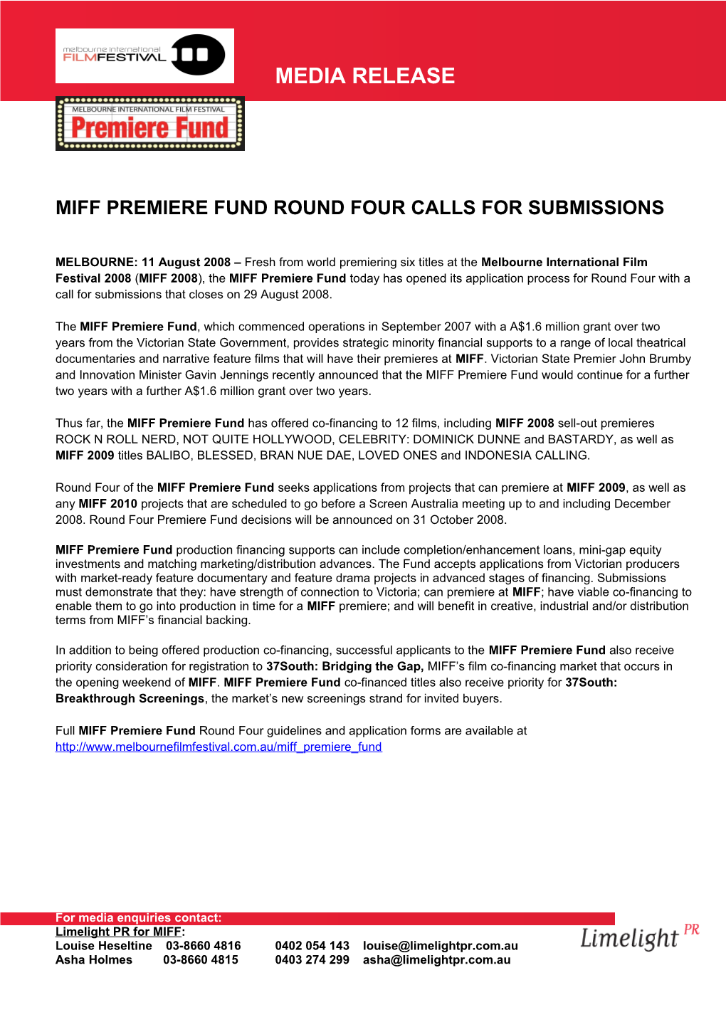 Miff Premiere Fund Round Four Calls for Submissions