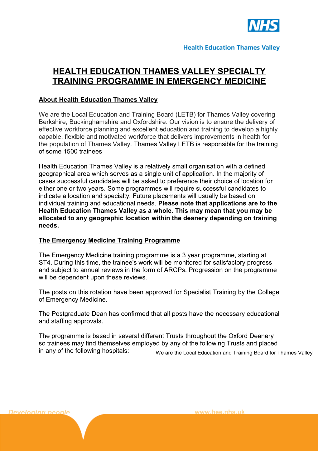 Health Education Thames Valley Specialty Training Programme in Emergency Medicine