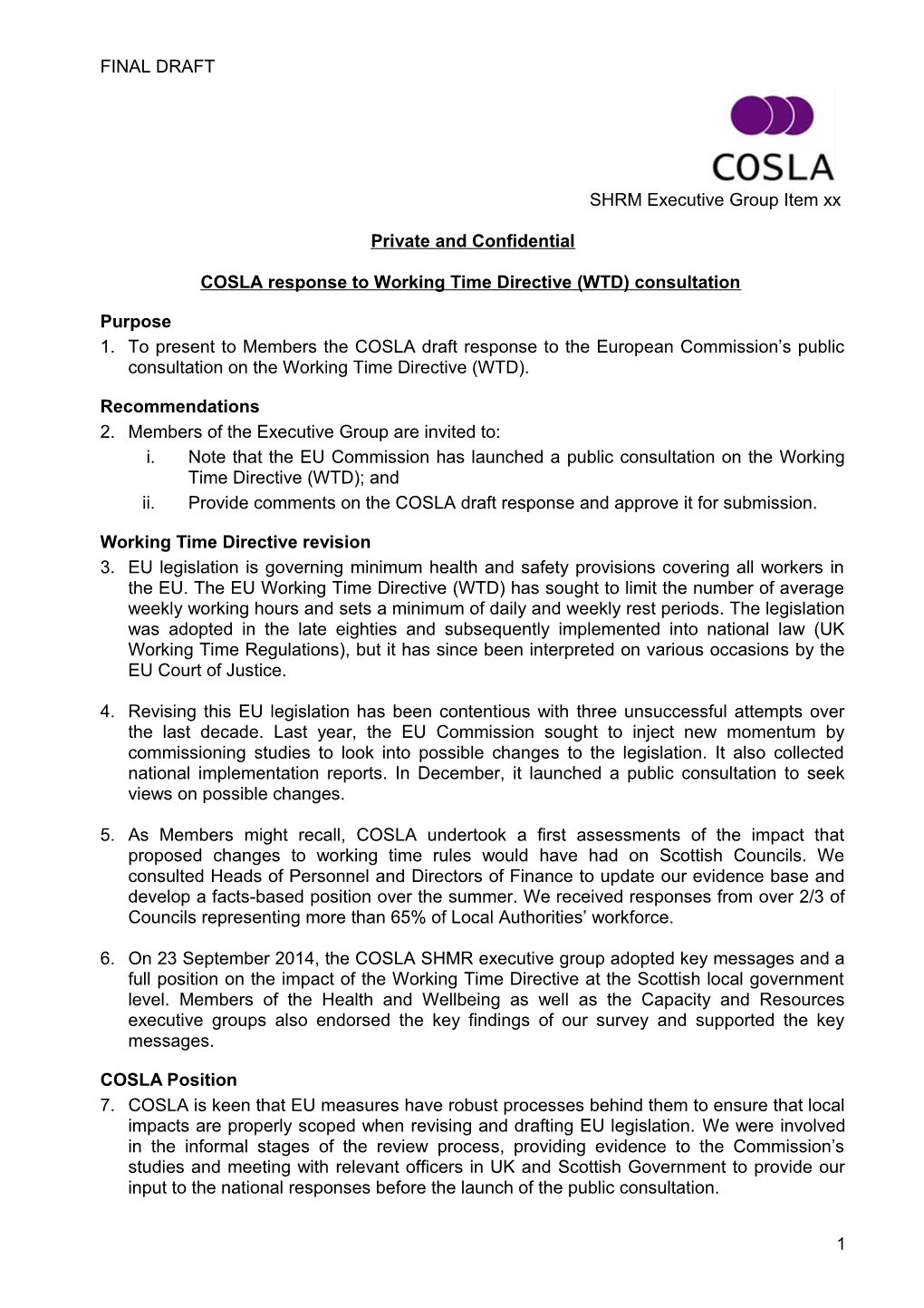 COSLA Response to Working Time Directive (WTD) Consultation