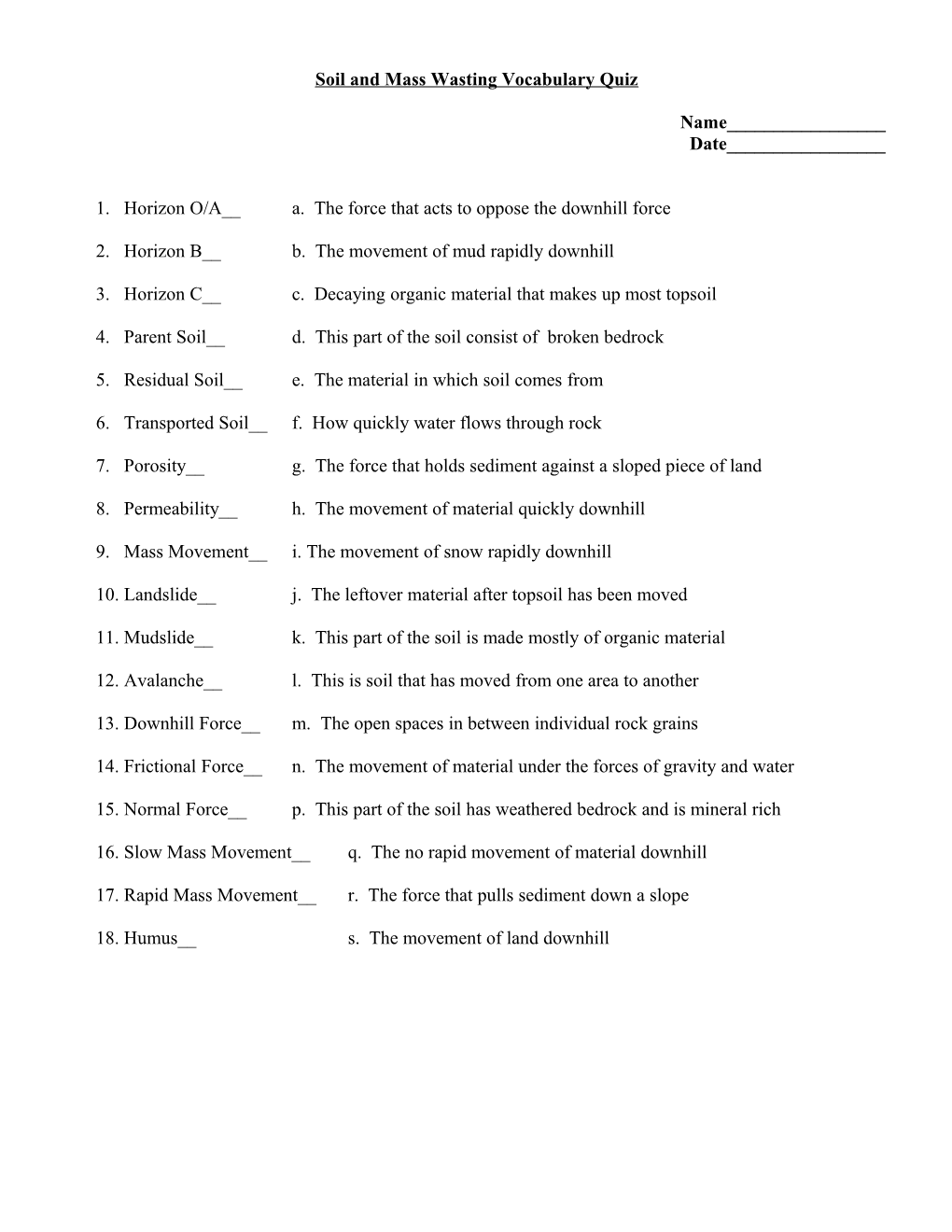 Soil and Mass Wasting Vocabulary Quiz