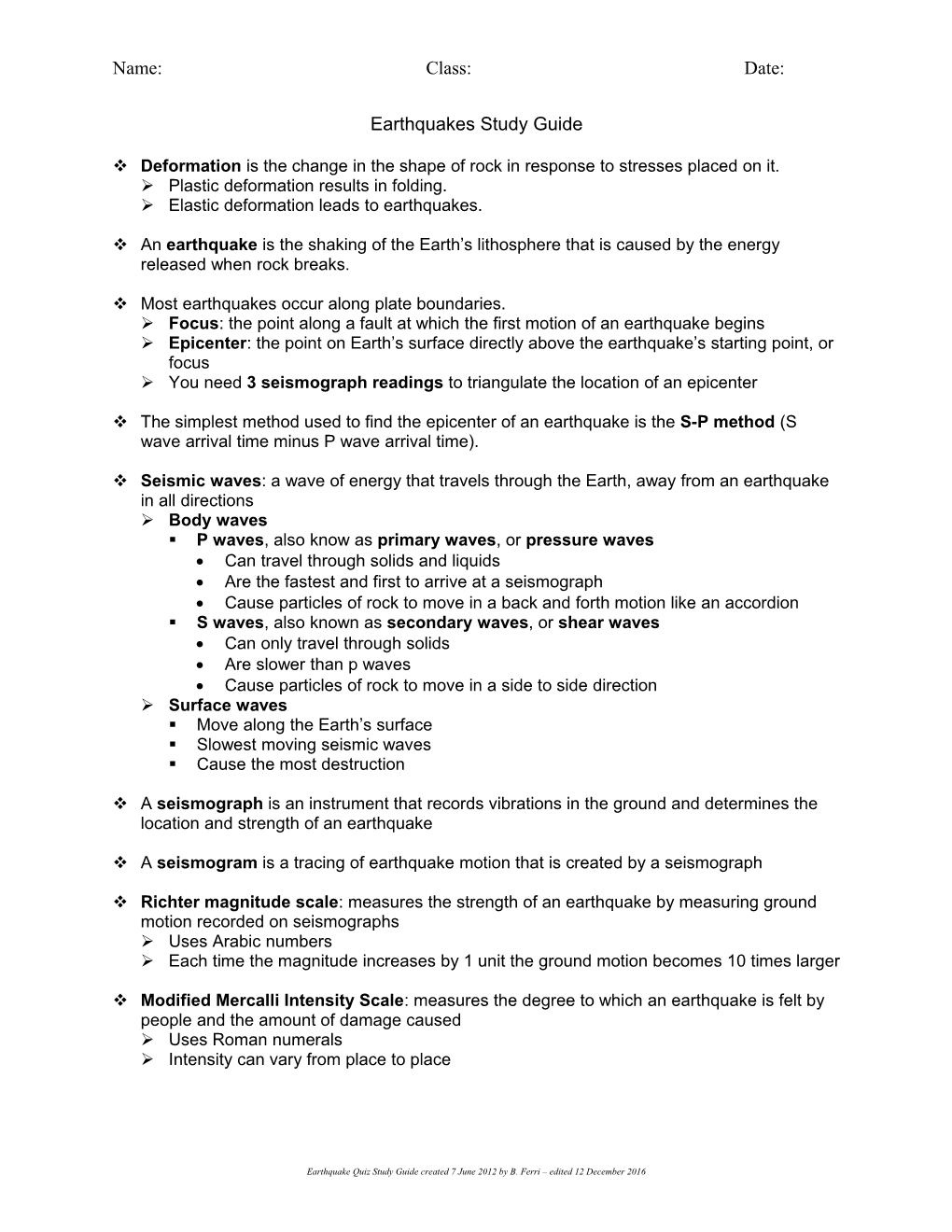 Earthquakes Study Guide