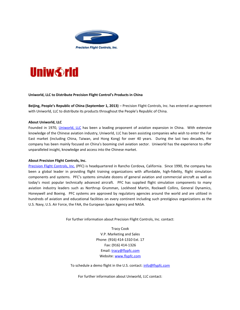 Uniworld, LLC to Distribute Precision Flight Control S Products in China