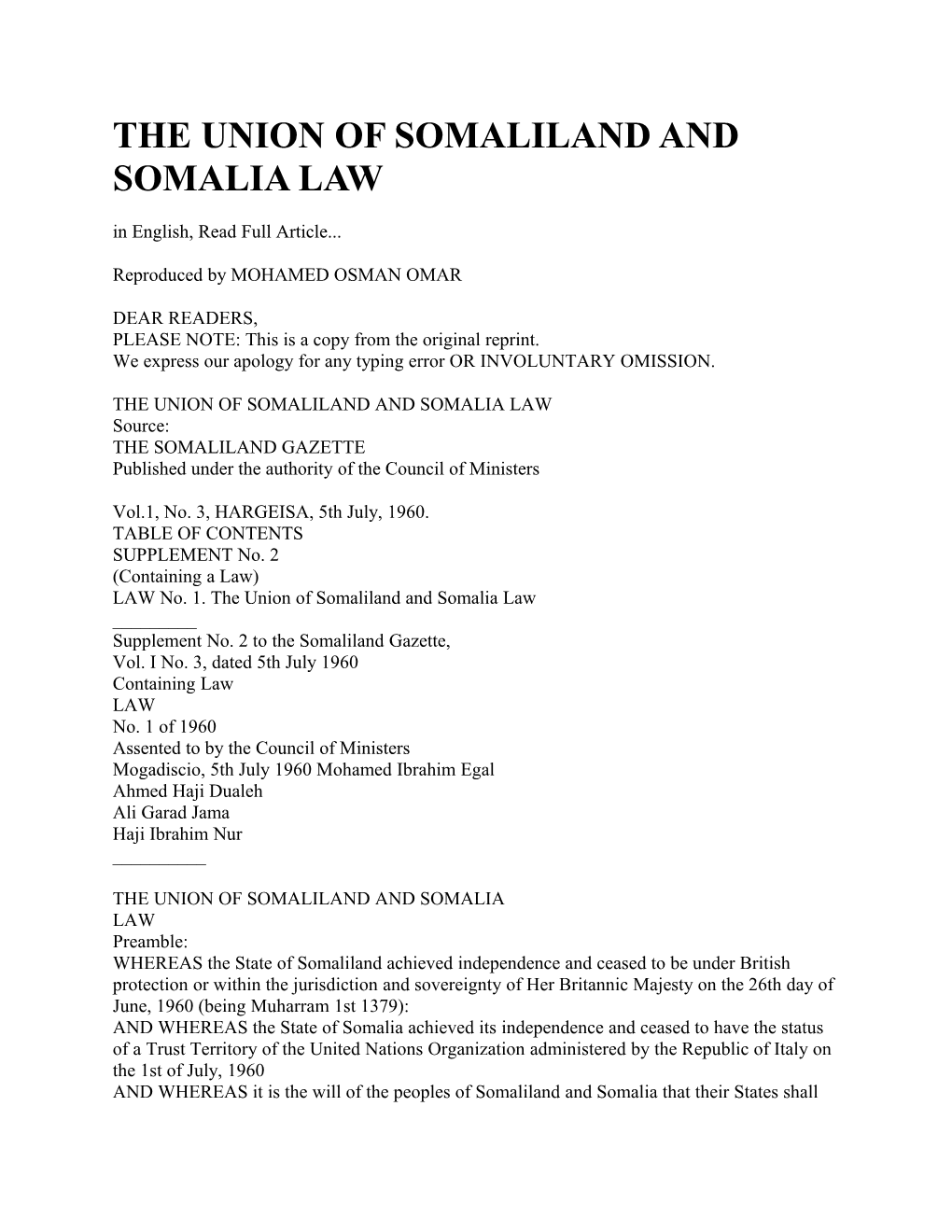 The Union of Somaliland and Somalia Law