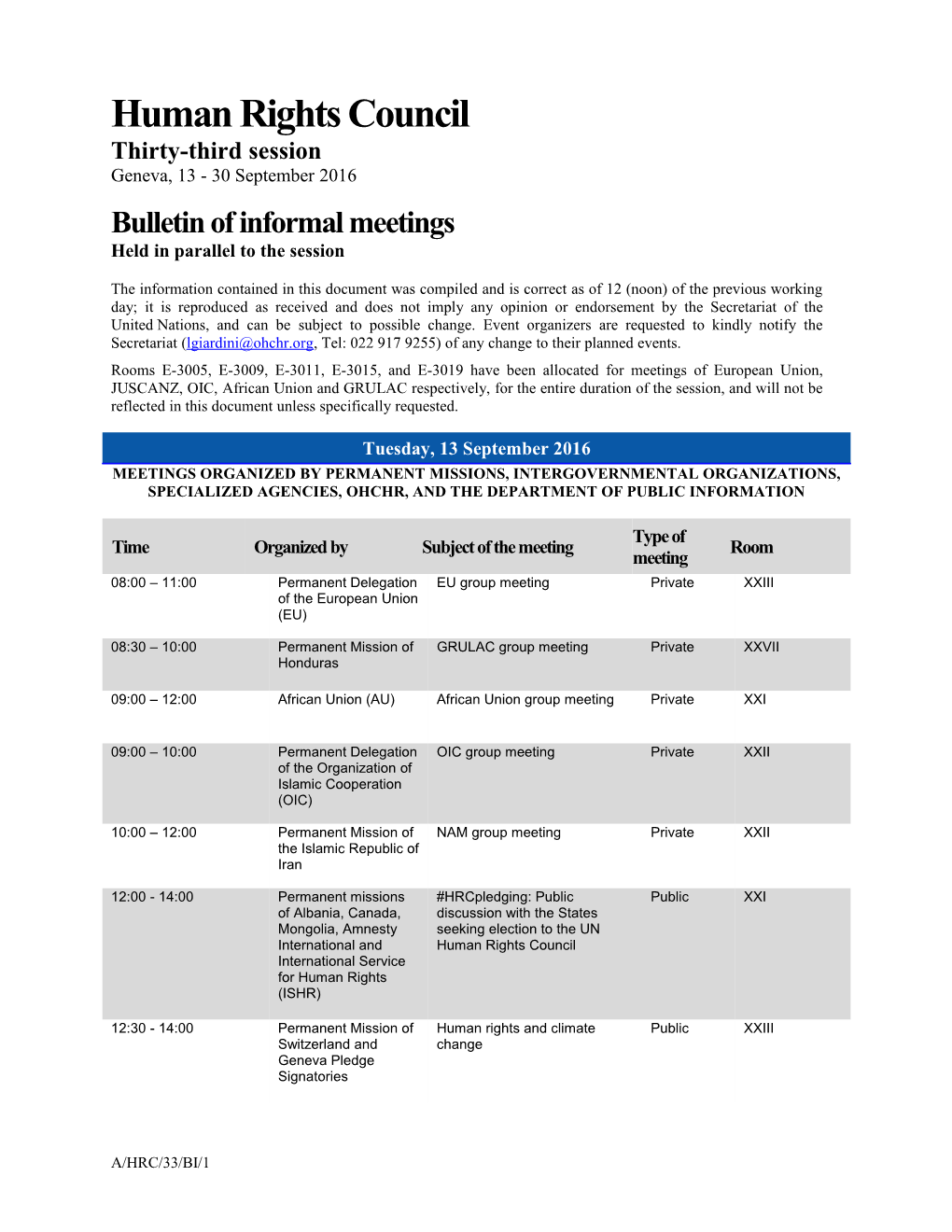 Bulletin of Informal Meetings, Tuesday 13 September 2016