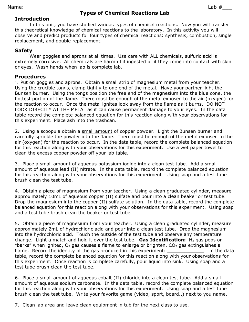 Types of Chemical Reactions Lab