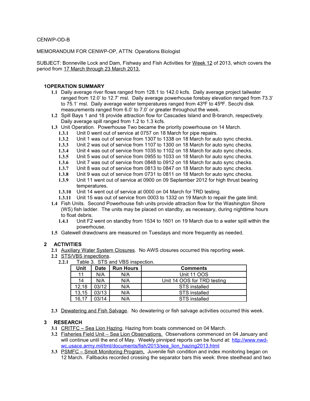 MEMORANDUM for CENWP-OP, ATTN: Operations Biologist