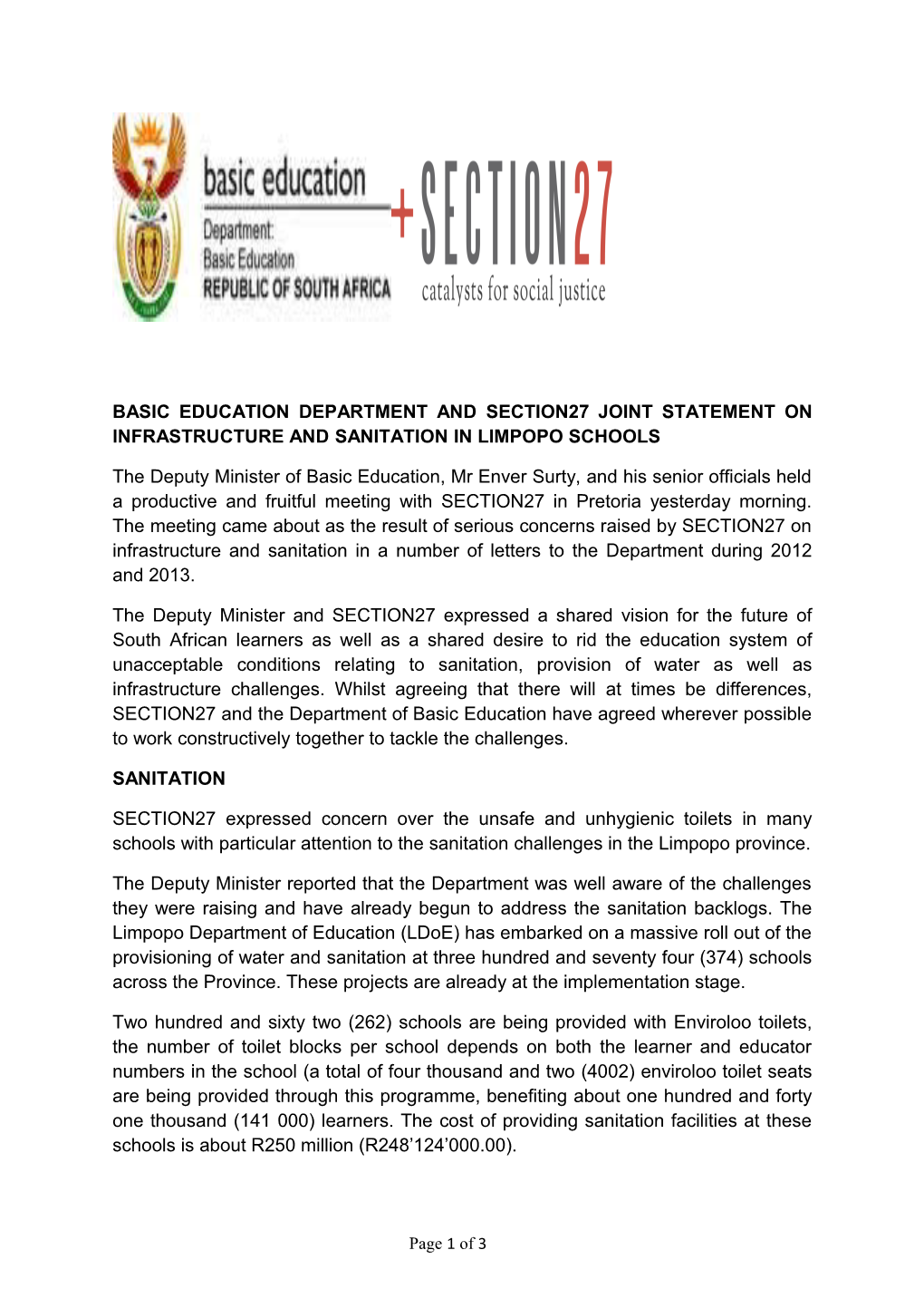 Basic Education Department and Section27 Joint Statement on Infrastructure and Sanitation