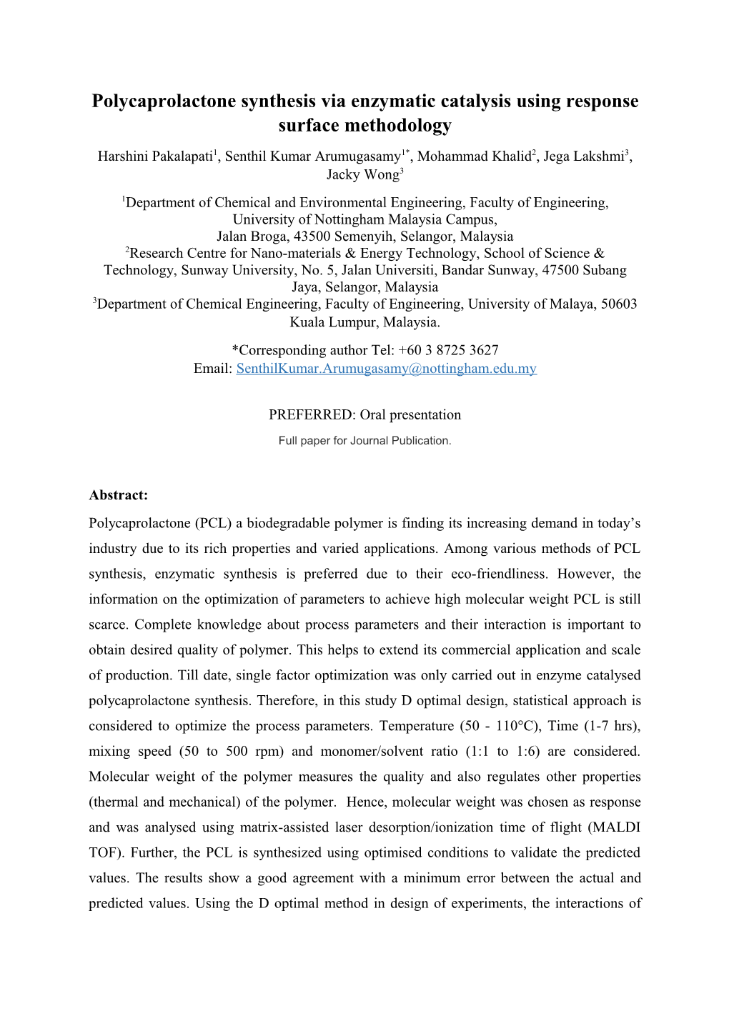 Polycaprolactone Synthesis Via Enzymatic Catalysis Using Response Surface Methodology