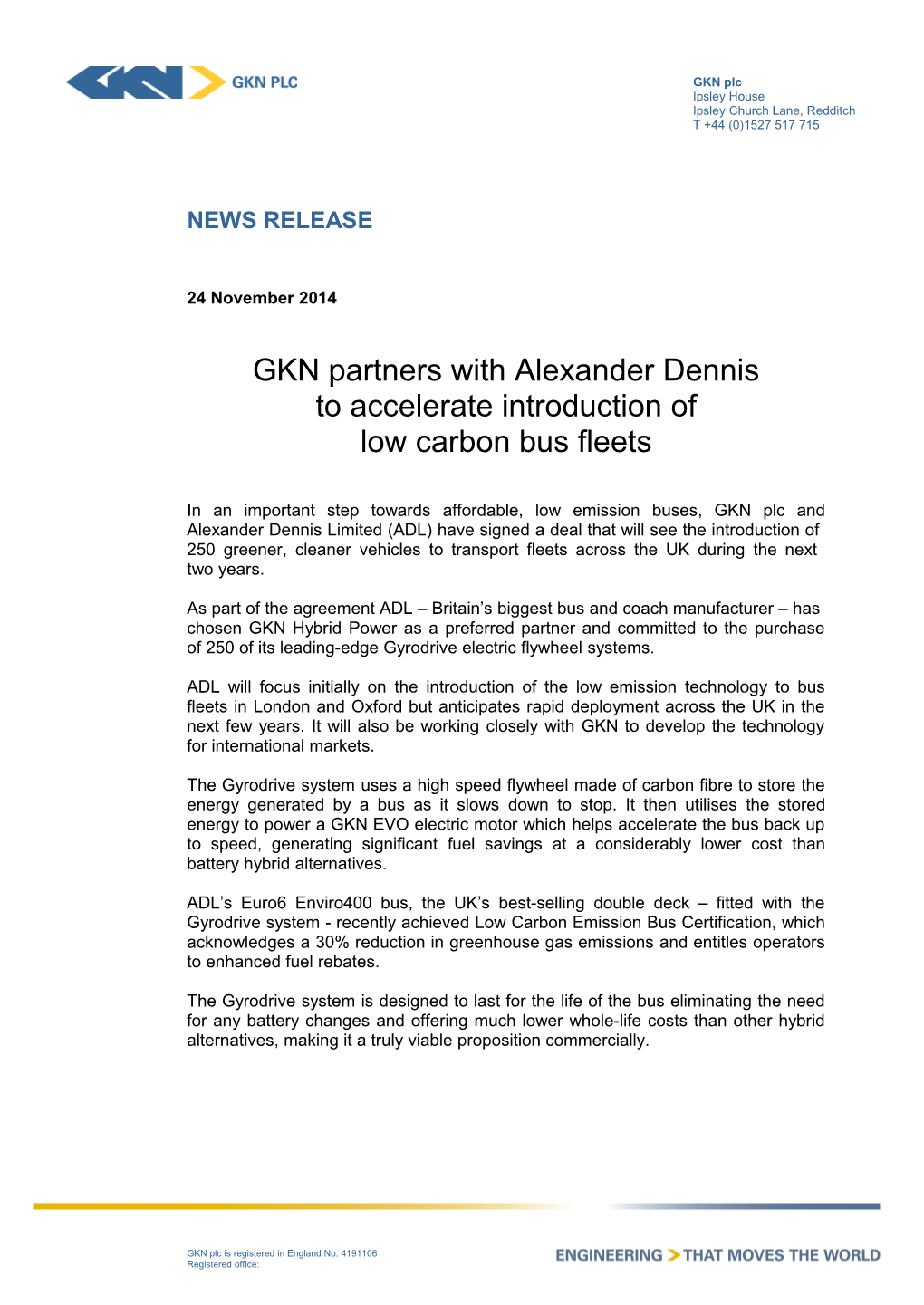 GKN Partners with Alexander Dennis to Accelerate Introduction of Low Carbon Bus Fleets
